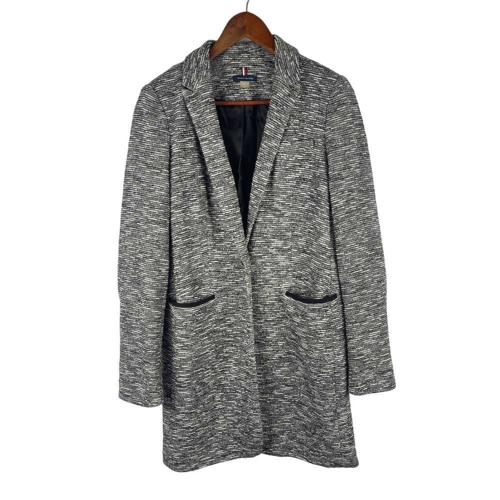 Tommy Hilfiger Women's Coat Twill Black White Texture Long Blazer Women's Size 8